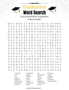 the word search for graduation is shown in black and white, with words below it