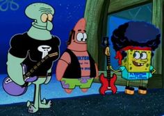 spongebob and his friends are standing in front of an open door with their guitars