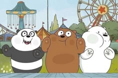 three cartoon bears standing next to each other in front of a ferris wheel