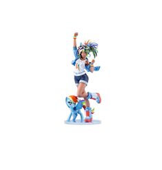 a figurine of a woman riding on top of a small pony with her arms in the air