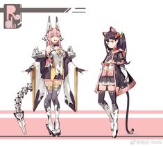 two anime characters are standing next to each other in front of a white background with pink accents