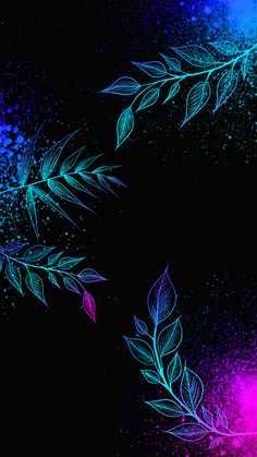 an artistic painting of leaves and splatters on a black background with pink, blue, and green colors