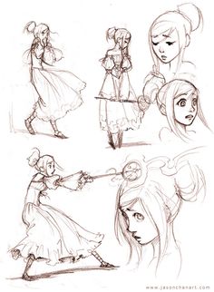 some sketches of girls with different hair styles and clothes, one is holding a wand