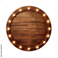 a round wooden sign with lights around it