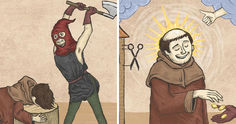 two cartoon images with one man holding an ax and the other is trying to pick up something