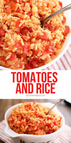 tomato rice in a white bowl with text overlay that says tomatoes and rice on the side