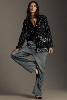 By Anthropologie Tweed Fringe Cardigan Sweater Tweed Jacket Outfit, Tweed Cardigan, Denim Wide Leg, Fringe Cardigan, Fringe Sweater, Estilo Chic, Anthropologie Sweater, Looks Chic, Tweed Blazer