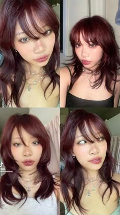 Y2k Shaggy Haircut, Alternative Brunette Hair, Tinted Blue Hair, Faded Red Hair Color Before And After, Dark Hair Color Ideas Asian, Hair Styles For Asian Hair, Hair Color Matching Skin Tone, Asian Dark Red Hair, Colors To Dye Ur Hair