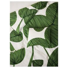 green leaves are arranged on a white sheet with black and white trim, as well as the background