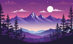 the mountains are covered in purple and pink hues as the sun sets over them