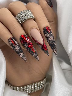 "Instant Salon Nails! 10 Opulent Blinged out Press on Nails rfect birthday or vaca nails. Style used in photo is \"XLong Stiletto''. Highlights: *Free Cuticle oil *Free prep kit that includes nail glue, cuticle pusher, file, buffer, and alcohol wipe (1 prep kit per order) *10 Strong/Reusable nails *Made with UV gel polish for durability and longevity *No fading *Can last up to 2-3 weeks About Measuring: It's important to make sure you know your accurate size before ordering. Use the measuring gu Red Stiletto Nails, Long Press On Nails, Lace Nails, Gothic Nails, Her Nails, Black Nail, Hot Nails, Bling Nails, Dope Nails