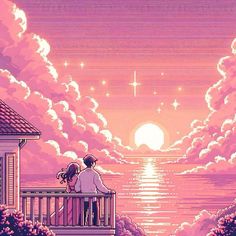 two people sitting on a balcony overlooking the ocean at sunset with stars in the sky