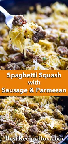 spaghetti with sausage and parmesan in a skillet