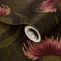 an image of a flower wallpaper with pink and green flowers on brown background, as well as a roll of tape