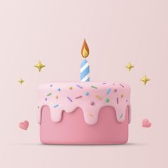 a pink birthday cake with sprinkles and a single candle