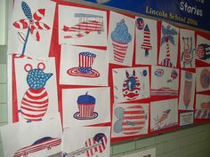 a bulletin board with american flags and hats on it's sides, hanging from the wall