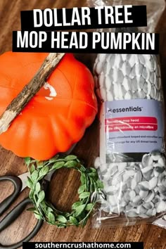 dollar tree foam pumpkin stick gray and white mop head greenery scissors Dollar Tree Styrofoam Pumpkins, Braided Pumpkin, Styrofoam Pumpkins, Head Pumpkin, Dollar Tree Fall Decor Diy, Pumpkin Diy, Crafts Fall, Dollar Tree Pumpkins, Fall Pumpkin Crafts