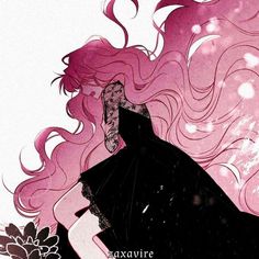 an illustration of a woman with pink hair and black dress, standing in front of flowers