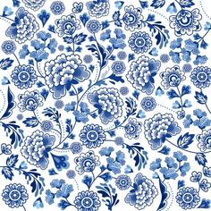 a blue and white floral pattern with flowers on it's side, as well as the