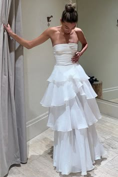 Elegant A line Long White Tiered Prom Dress 21th Birthday Outfits P214 – PreppyDress White Prom Dress Long, Tiered Wedding Dress, Light Wedding Dresses, Tiered Prom Dress, White Evening Gowns, Floor Length Prom Dresses, Prom Dresses Sleeveless, Custom Size Dresses, Long Prom Dress