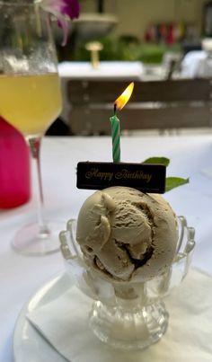 an ice cream sundae with a candle on top