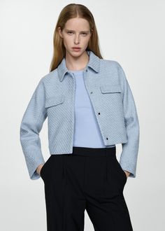 Cropped tweed jacket with pockets - Woman | MANGO USA Short Design, Jacket With Pockets, Tweed Fabric, Simple Shirts, Jd Williams, Designer Shorts, Women's Coats & Jackets, Crop Shirt, Faux Leather Jackets