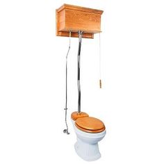 a toilet with a wooden seat attached to the back of it's tank cover