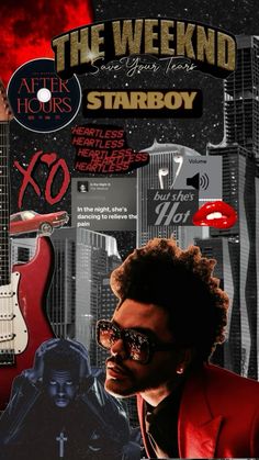 a man in sunglasses and a red jacket with an electric guitar on the cover of his album, the weeknd