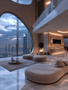 a living room with large windows overlooking the city