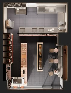 an overhead view of a kitchen and living room