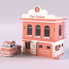 an orange fire station building with a red and white truck parked in front of it