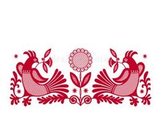 two red birds sitting on top of each other next to a flower and leaf border