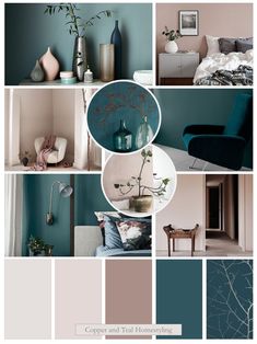 a collage of different shades of teal and pink in various rooms with furniture