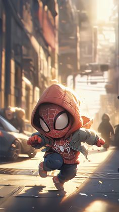 a spider - man character running down a city street