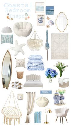 a collage of blue and white items with text that reads coastal decor shop on it