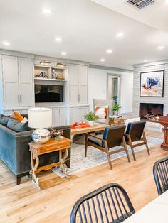 a living room filled with furniture and a fire place in the middle of a room