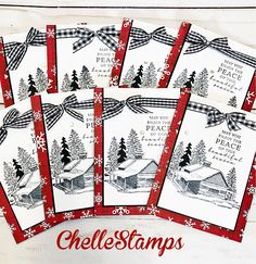 six christmas cards with red and white designs