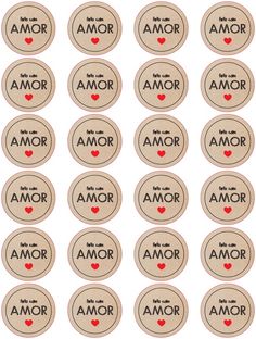 an image of stickers with the words amor and hearts