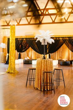 an event with gold and black decor