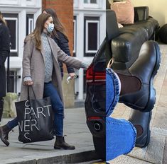 a woman wearing a face mask and carrying a shopping bag walks past a car boot