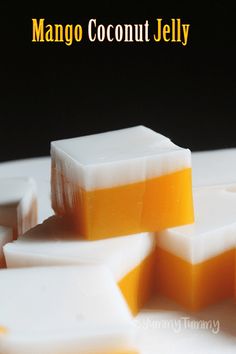 mango coconut jelly soap bars stacked on top of each other with the words mango coconut jelly