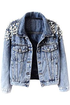 KEDERA Women's Embroidered Rivet Pearl Short Denim Jacket Coat Short Denim Jacket, Fitted Jean Jacket, Long Sleeve Denim Jacket, White Jean Jacket, Bridal Jacket, Wedding Jacket, Jean Vintage, All Jeans