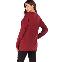 Wine Red Long Sleeve Pullover Sweatshirt Plain V-neck Top For Fall, Oversized Red Long Sleeve Sweater, Casual Red Sweater With Ribbed Cuffs, Solid Long Sleeve Tops For Fall, Red Relaxed Fit Sweatshirt For Winter, Burgundy Crew Neck Sweater For Fall, Red Winter Tops With Ribbed Cuffs, Casual Burgundy Crew Neck Sweater, Winter Long Sleeve Solid Color Tops