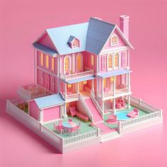 a pink doll house on a pink background