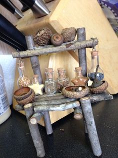 a wooden shelf with various items on it