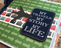 a card with an airplane on it and the words my travels my story my life