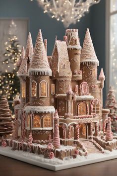 a large gingerbread castle is shown on a table with christmas lights in the background