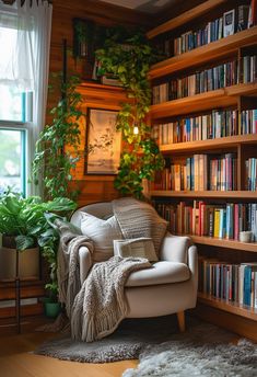 a living room filled with lots of books and plants