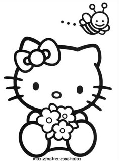 the hello kitty coloring page with flowers and a bee flying over her head, in black and white