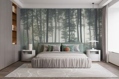 a bedroom with a large wall mural behind the bed and pillows on the headboard